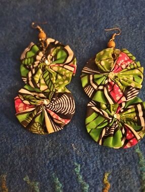 3 For $15 Green Floral Fabric Double Disc Earrings.